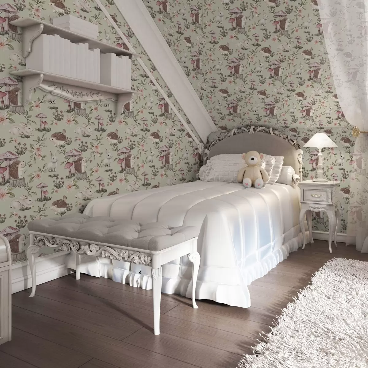 Wallpaper Animale de basm și flori pe un fundal verde în culori pastelate delicate a00111v1