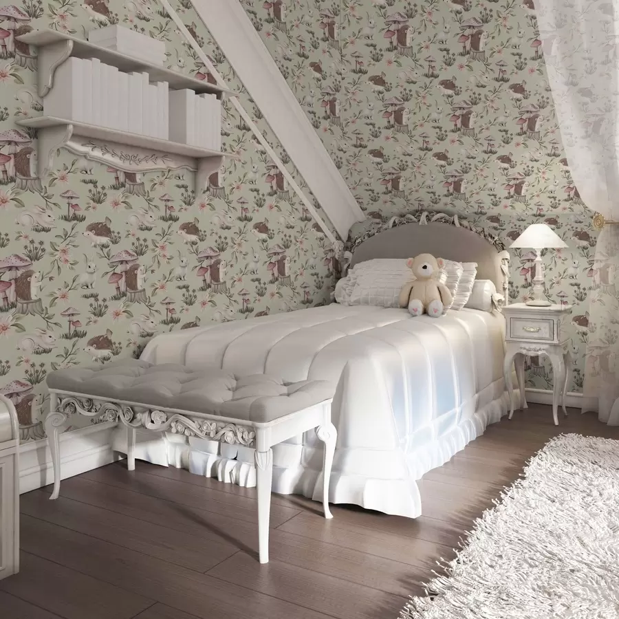 fototapet Animale de basm și flori pe un fundal verde în culori pastelate delicate a00111v1