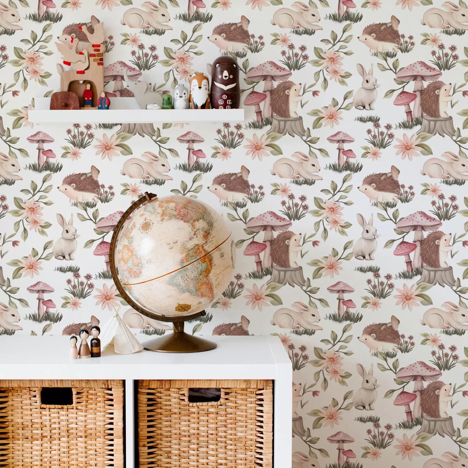 fototapet Arici și iepuri pe fundal alb cu flori delicate și ciuperci a00111v2