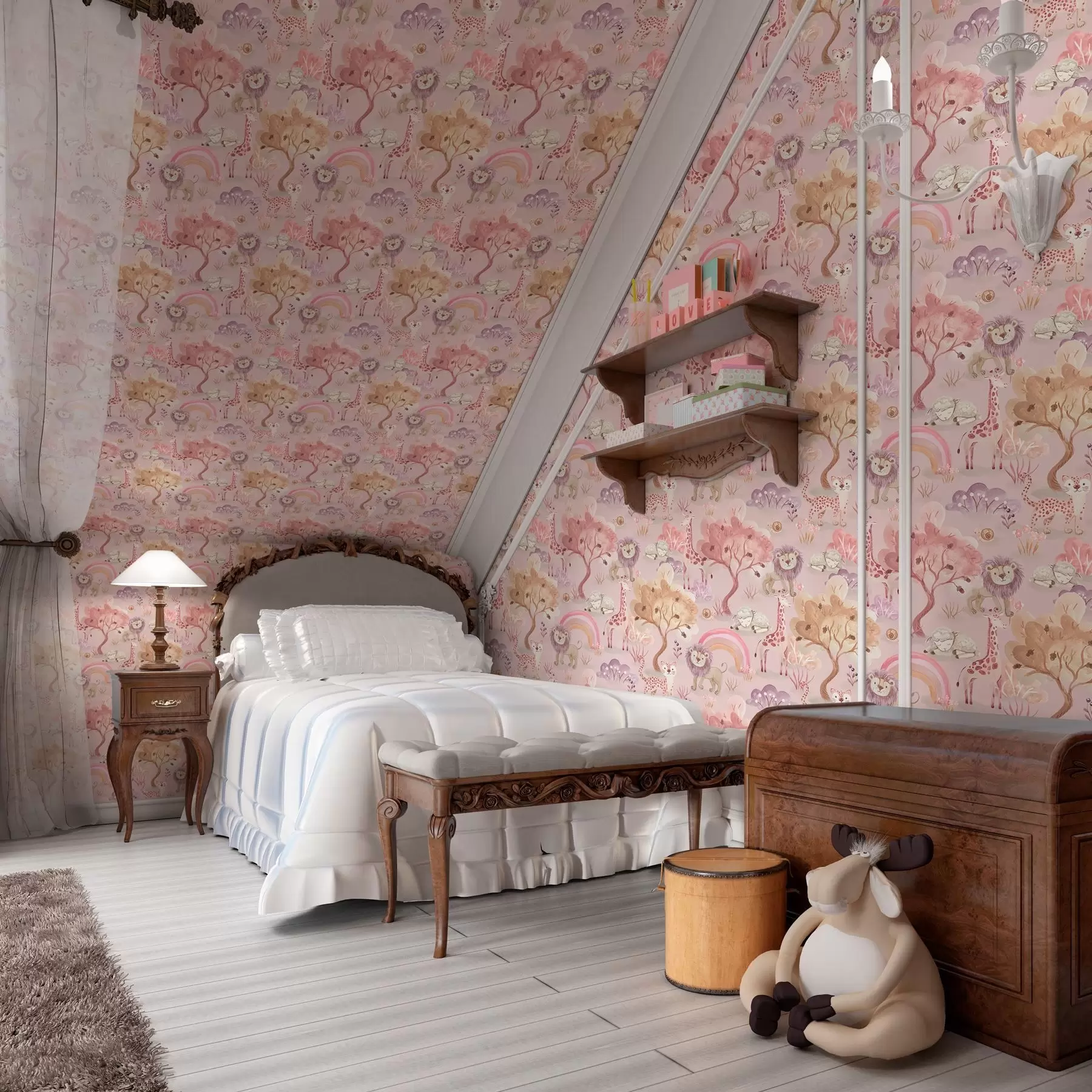 fototapet Pui de leu, girafe și curcubee într-o pădure pastelată a00112