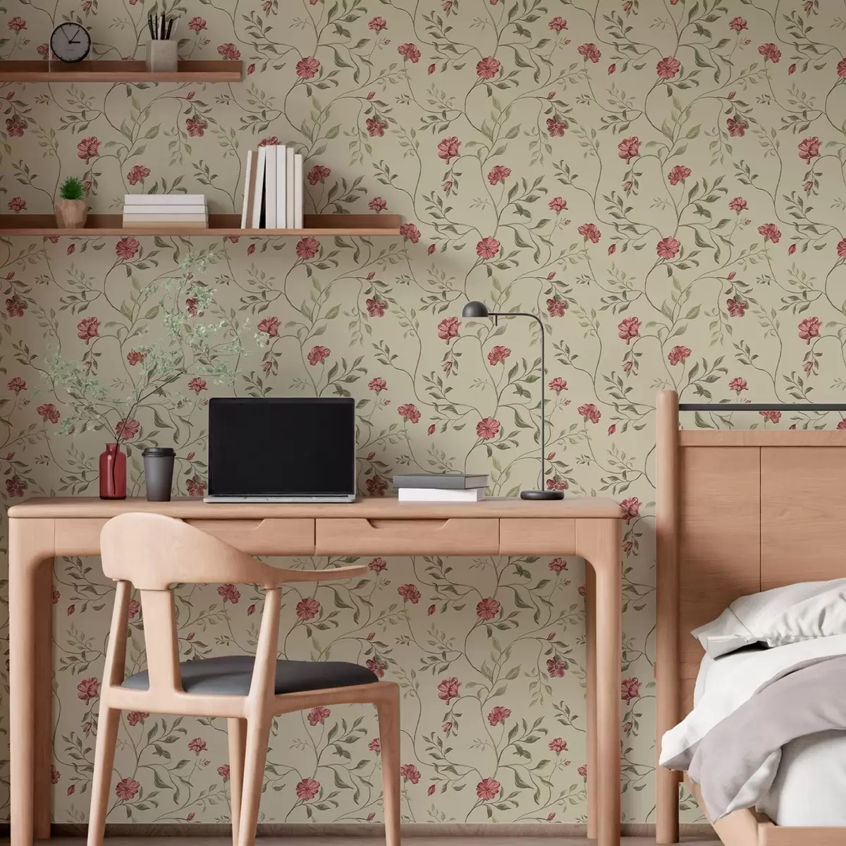 Wallpaper Flori și muguri roșii pe un fundal deschis a00114