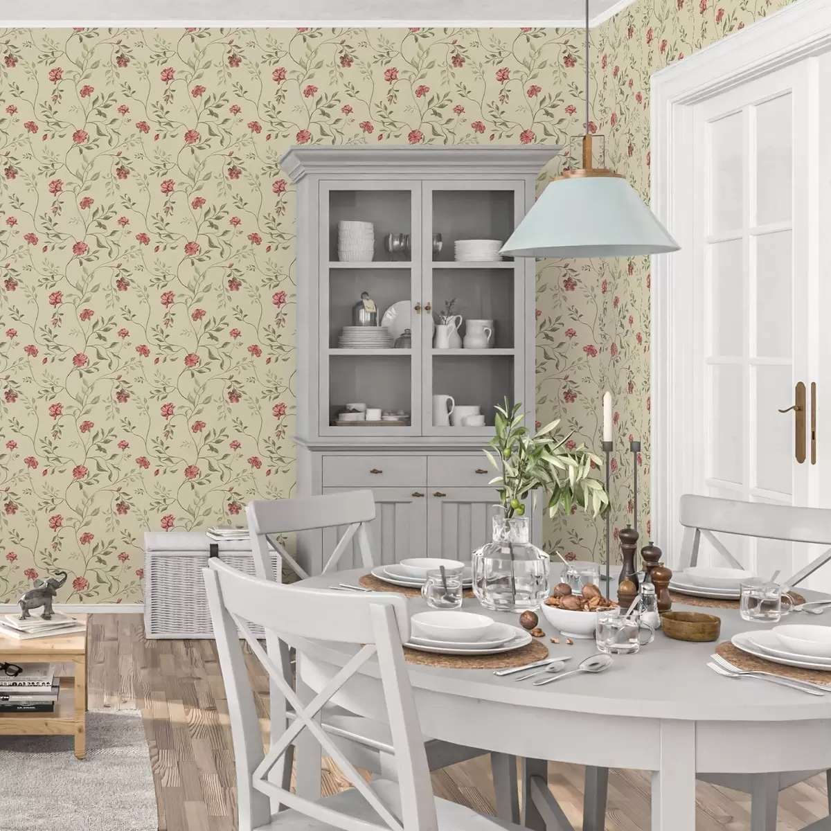 Wallpaper Flori și muguri roșii pe un fundal deschis a00114