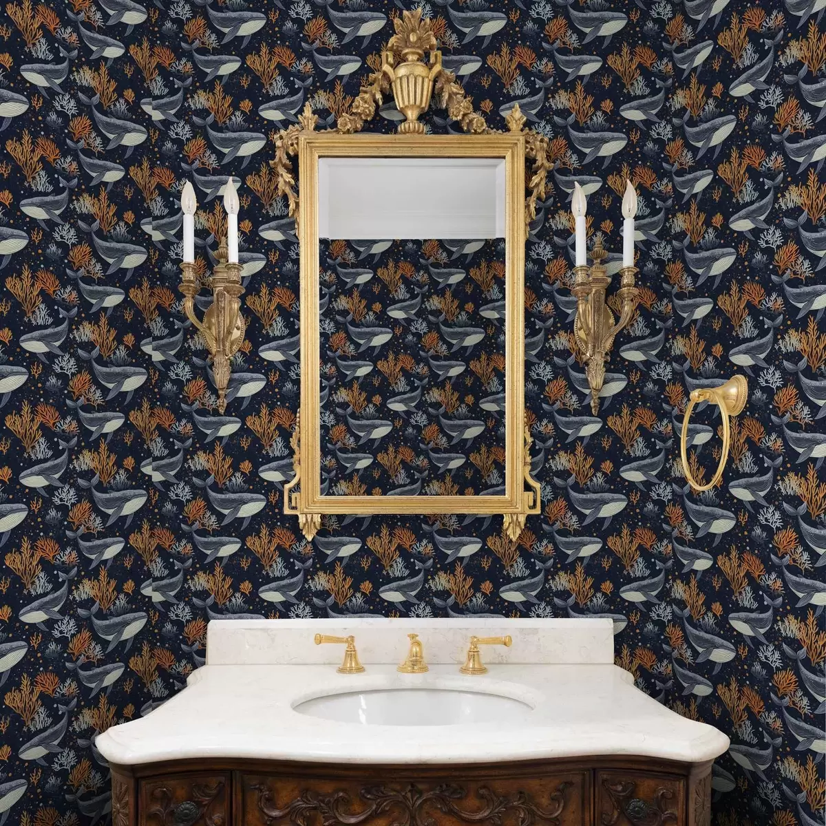 Wallpaper Balene de mare și corali pe un fundal întunecat a00116