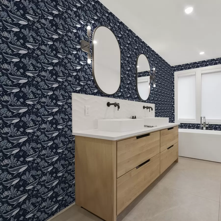 fototapet Balene și corali pe un fundal albastru închis a00116v1