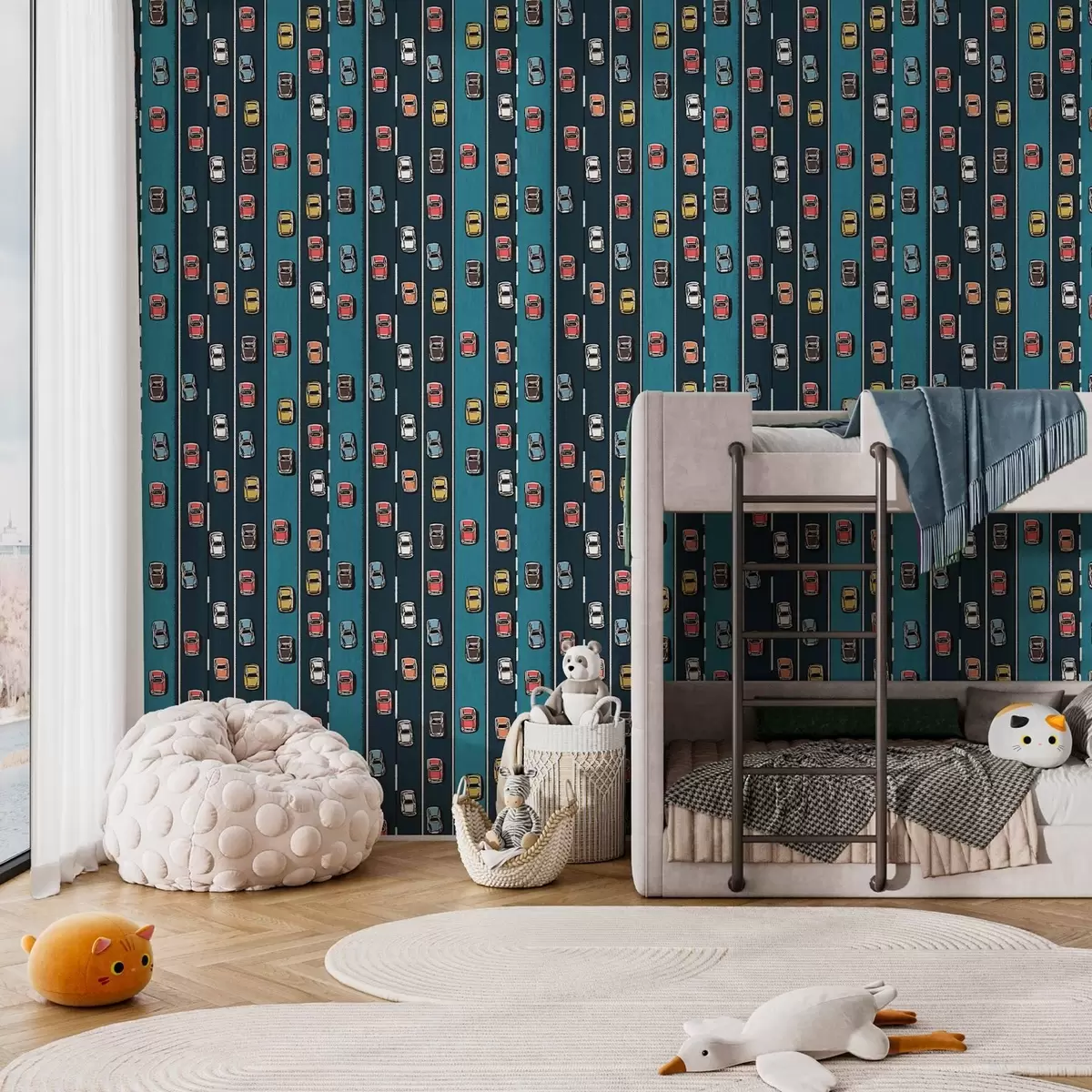 Wallpaper Mașină retro pe un drum albastru marin în stilul anilor '60 a00118