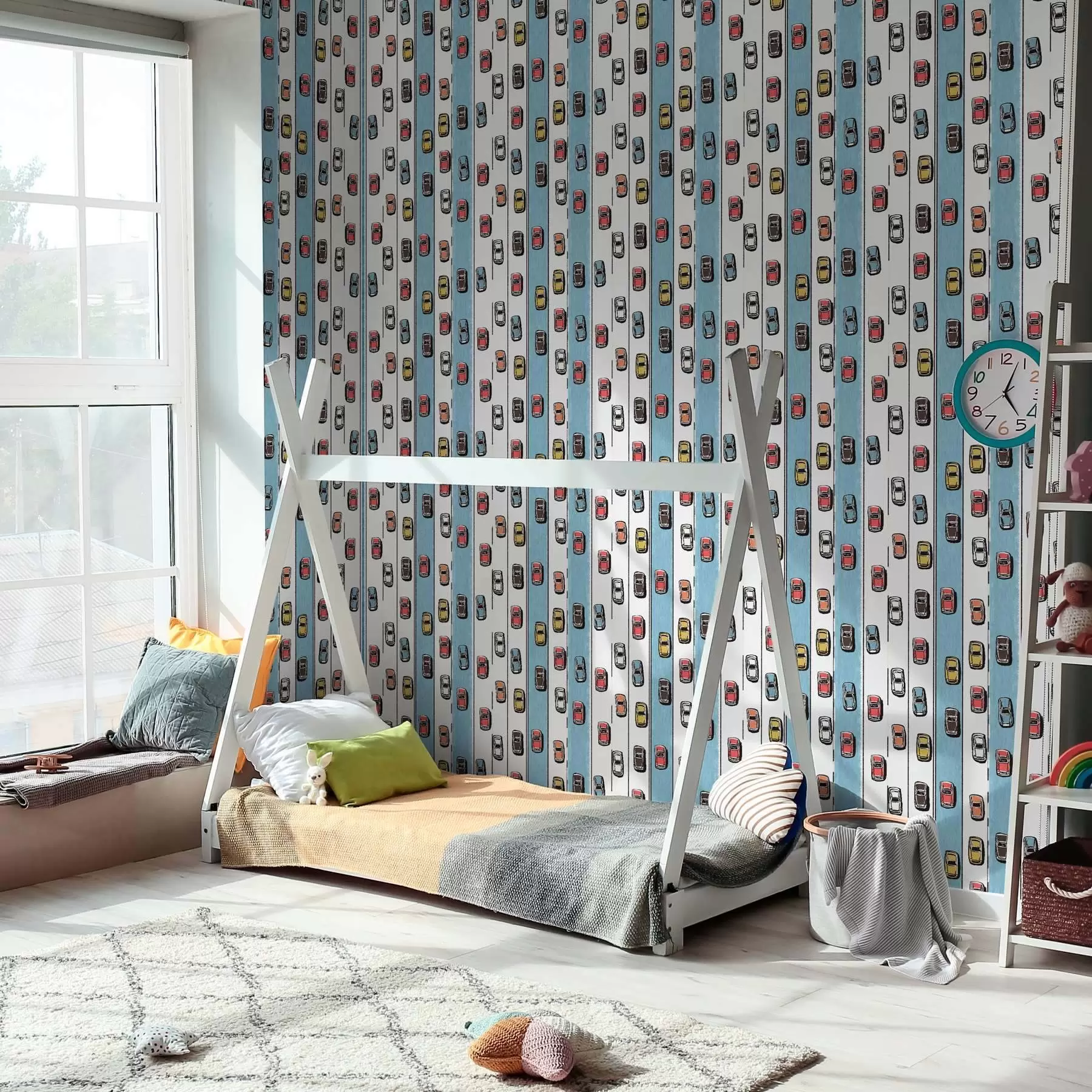 fototapet Mașină retro pe un drum alb și albastru în stilul anilor '60 a00118v2