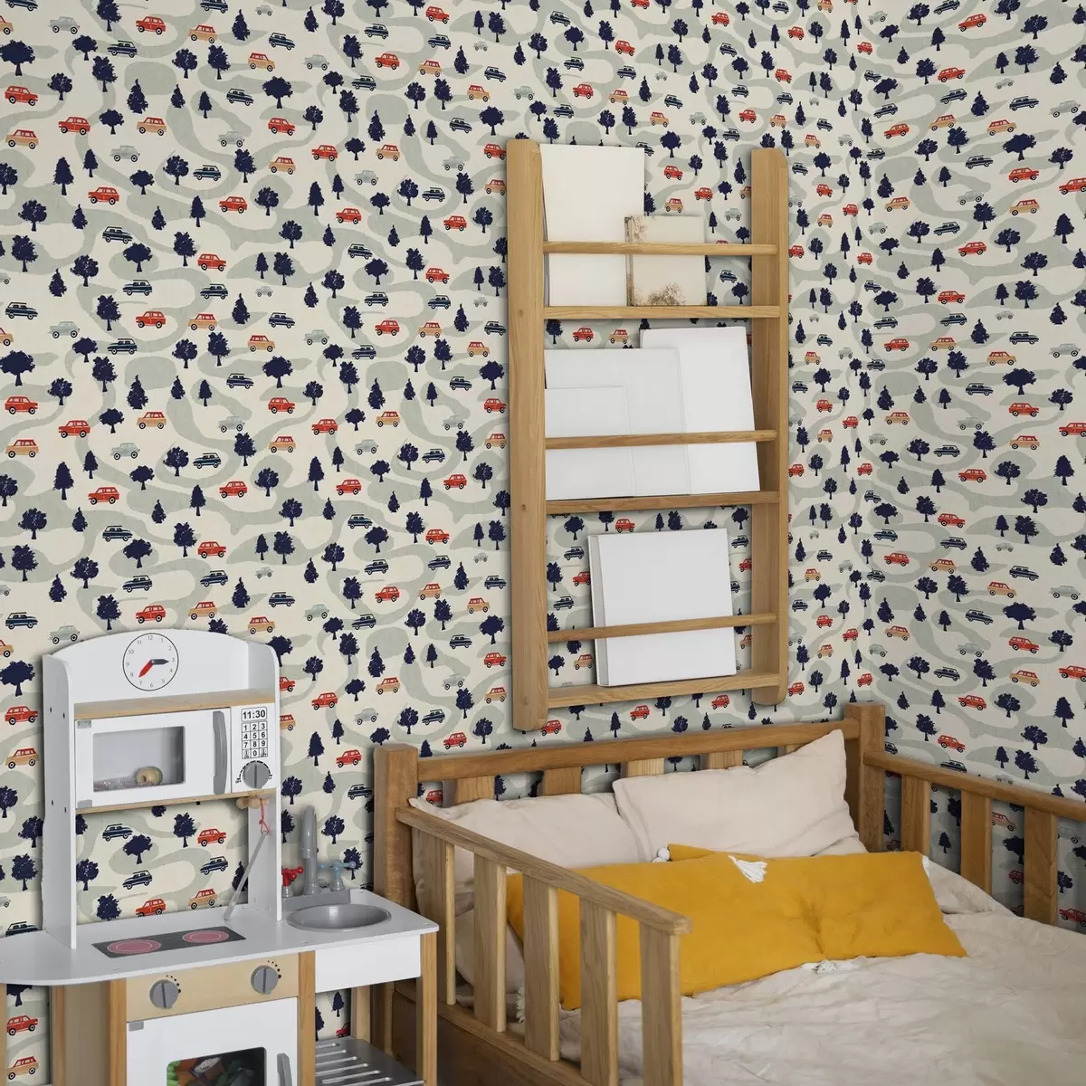 Wallpaper Funny masini printre copaci pe un fundal crem a00119