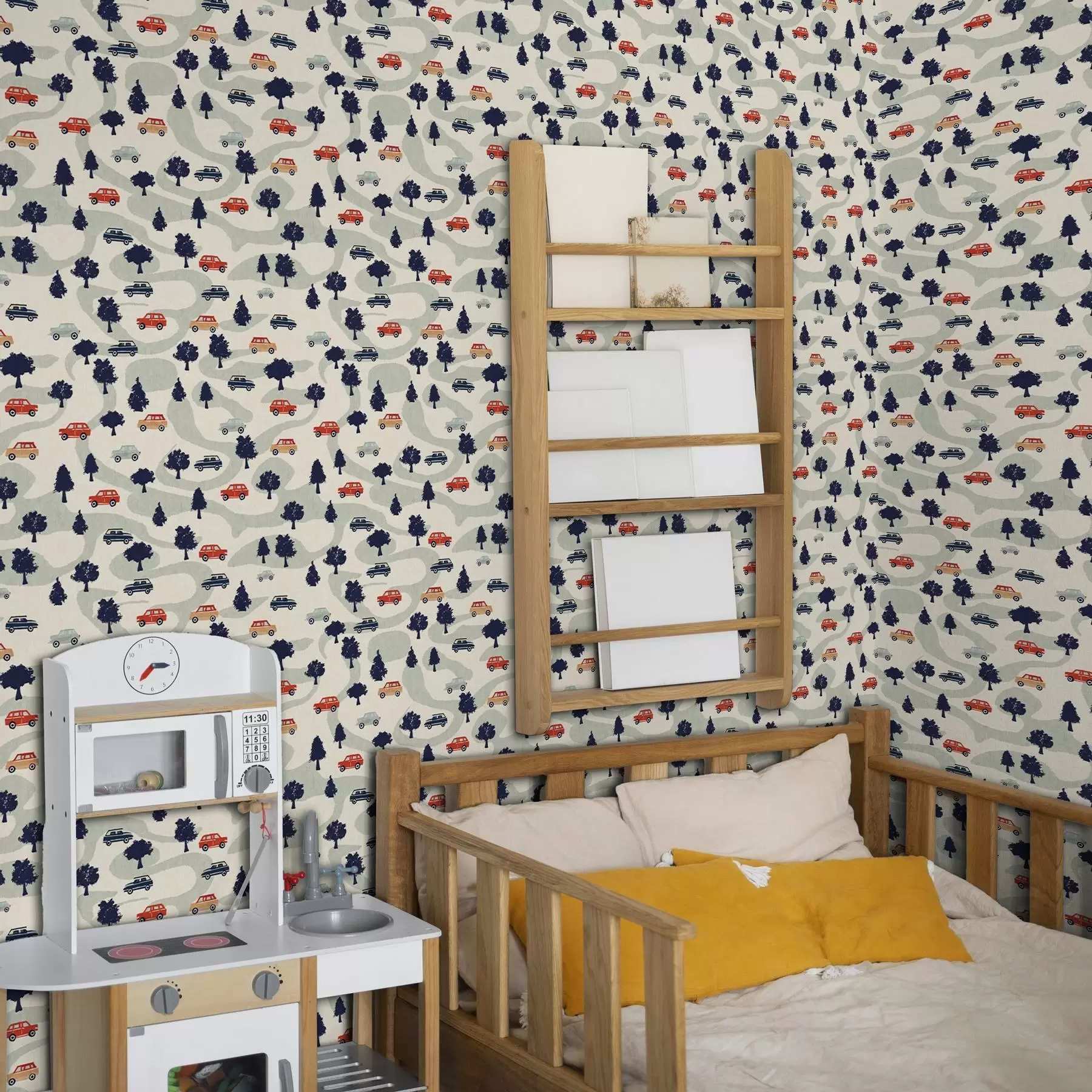 fototapet Funny masini printre copaci pe un fundal crem a00119