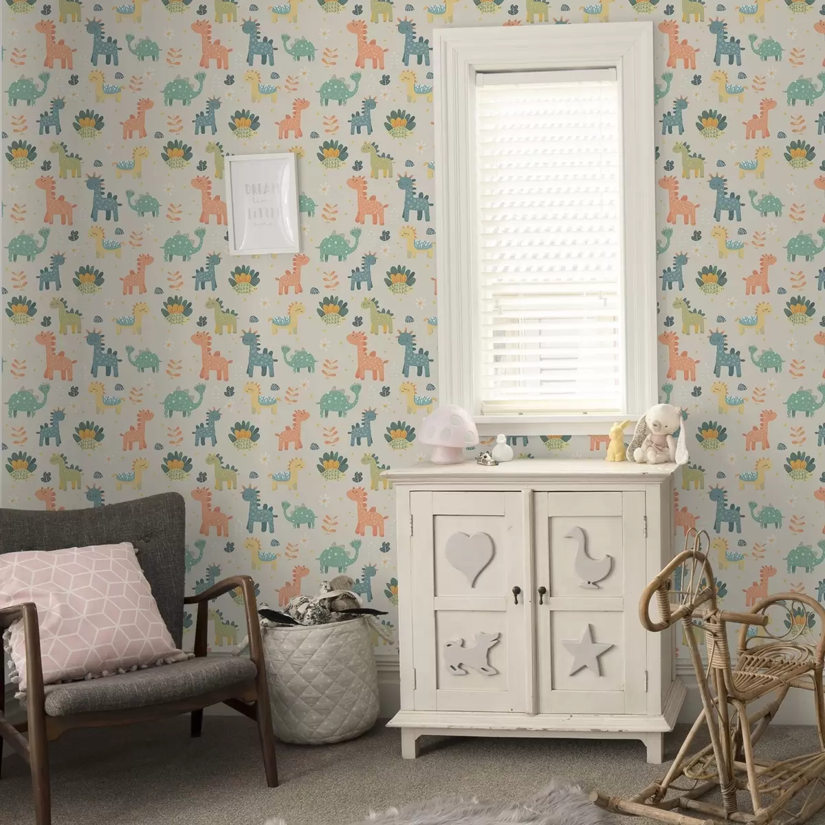 Wallpaper Dinozauri pentru copii în culori pastelate pe un fundal deschis a00125