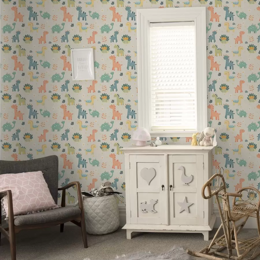 fototapet Dinozauri pentru copii în culori pastelate pe un fundal deschis a00125