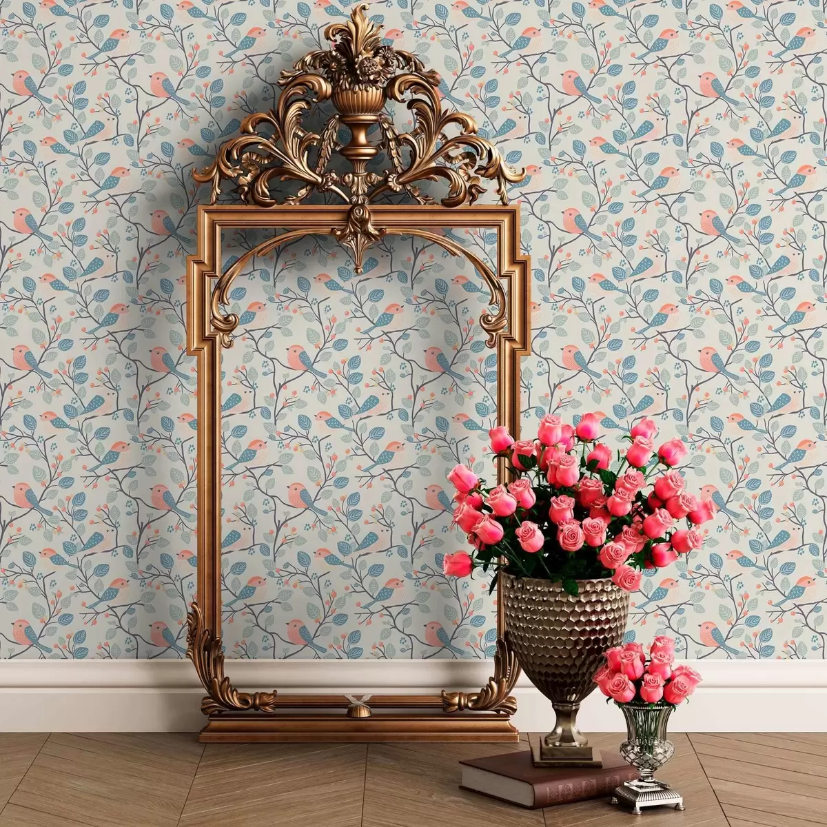 Wallpaper Pastel păsări și crengi pe un fundal luminos a00128