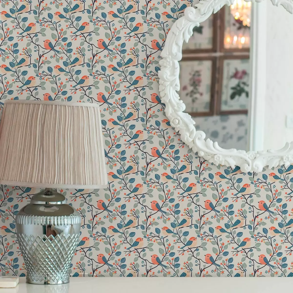 Wallpaper Păsări pe ramuri și fructe de pădure în culori calde a00128v1