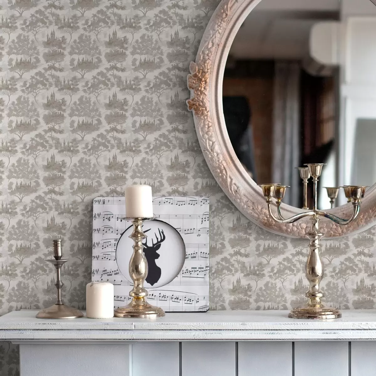 Wallpaper Castel în pădure în stil gri și bej a00130