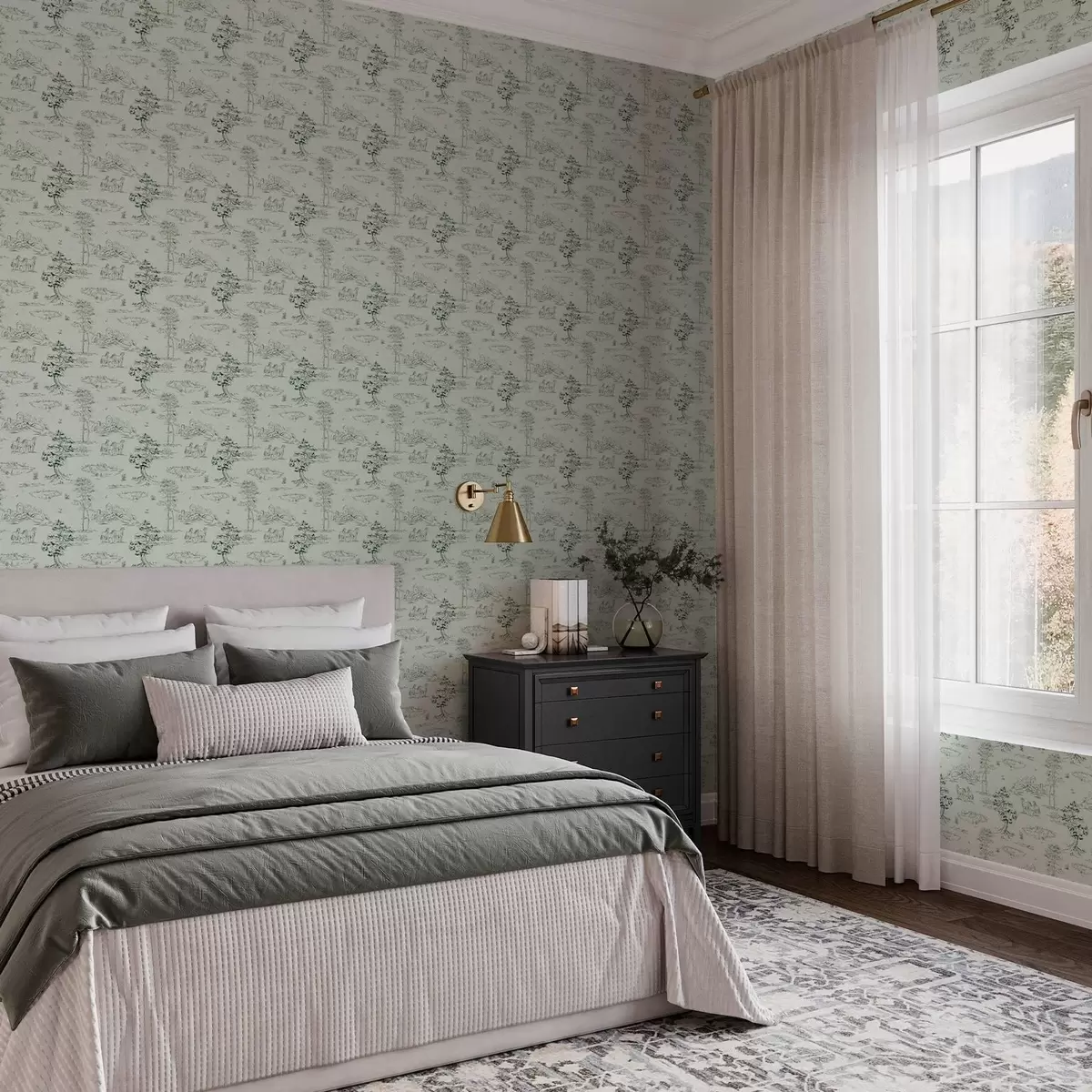 Wallpaper Scenă cu cai, copaci și castel pe fundal verde a00133v1