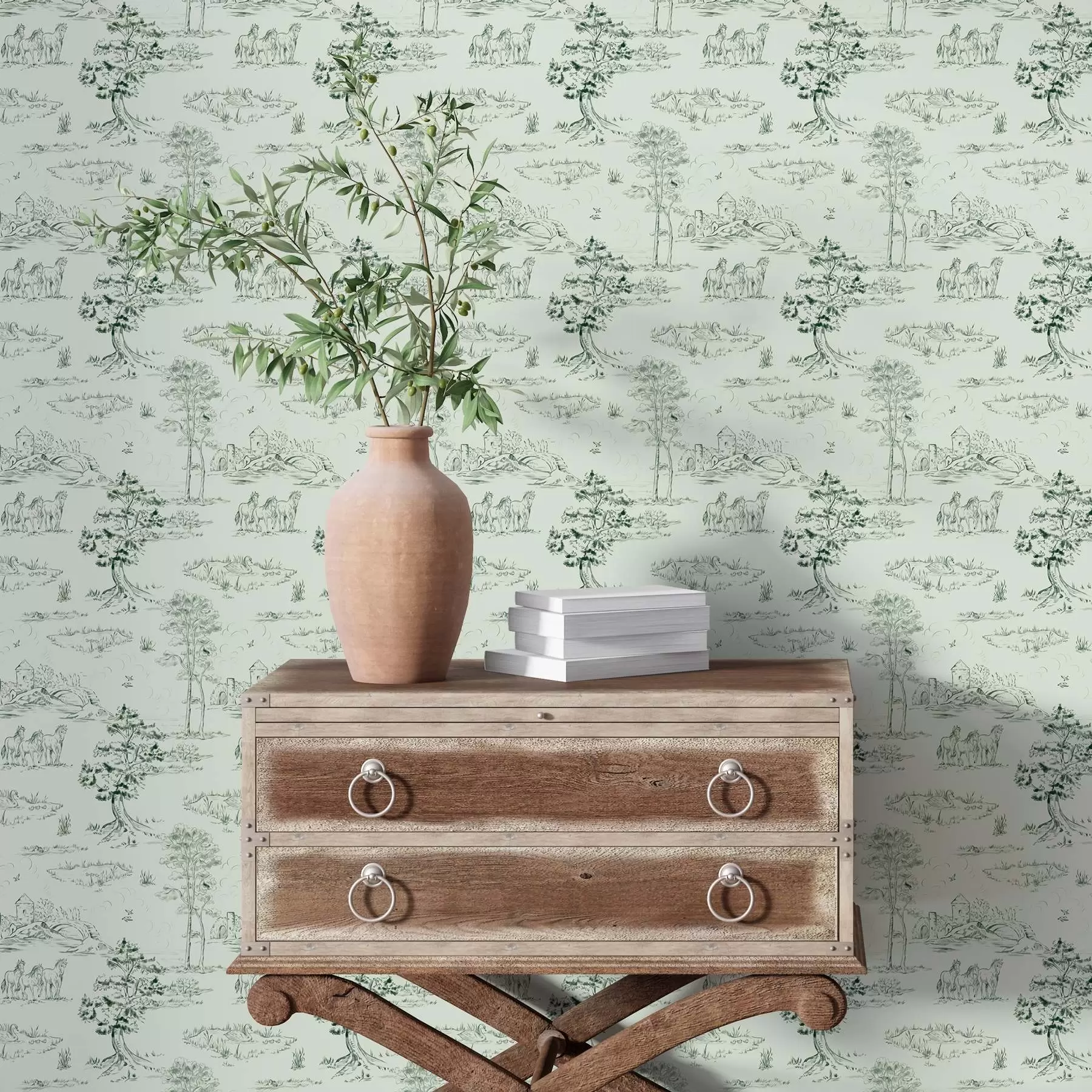 fototapet Scenă cu cai, copaci și castel pe fundal verde a00133v1