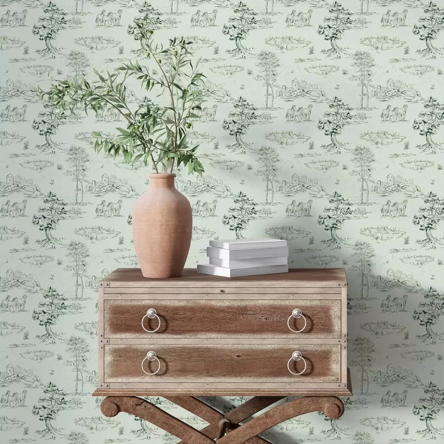 fototapet Scenă cu cai, copaci și castel pe fundal verde a00133v1