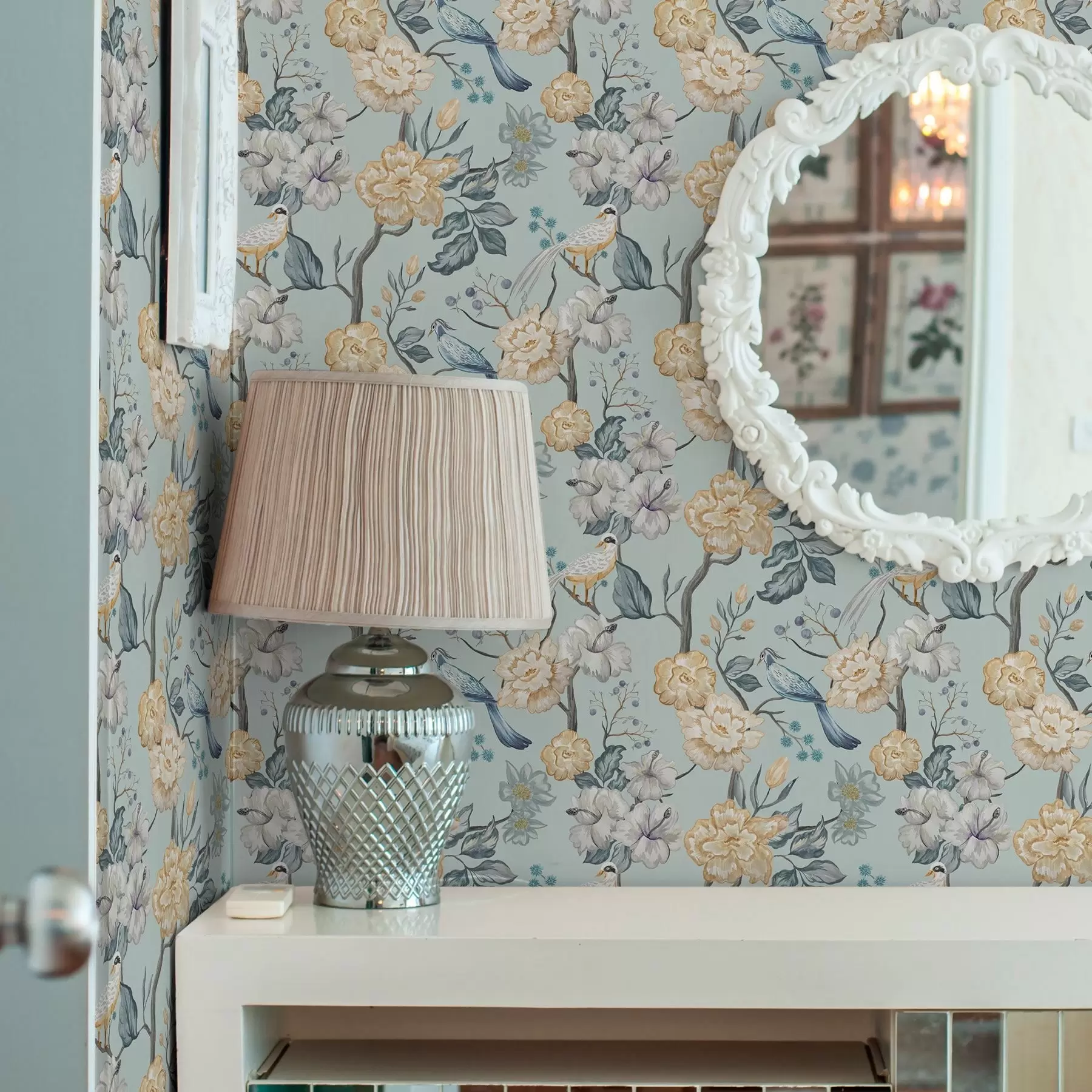 fototapet Flori și păsări pe fundal albastru a00134