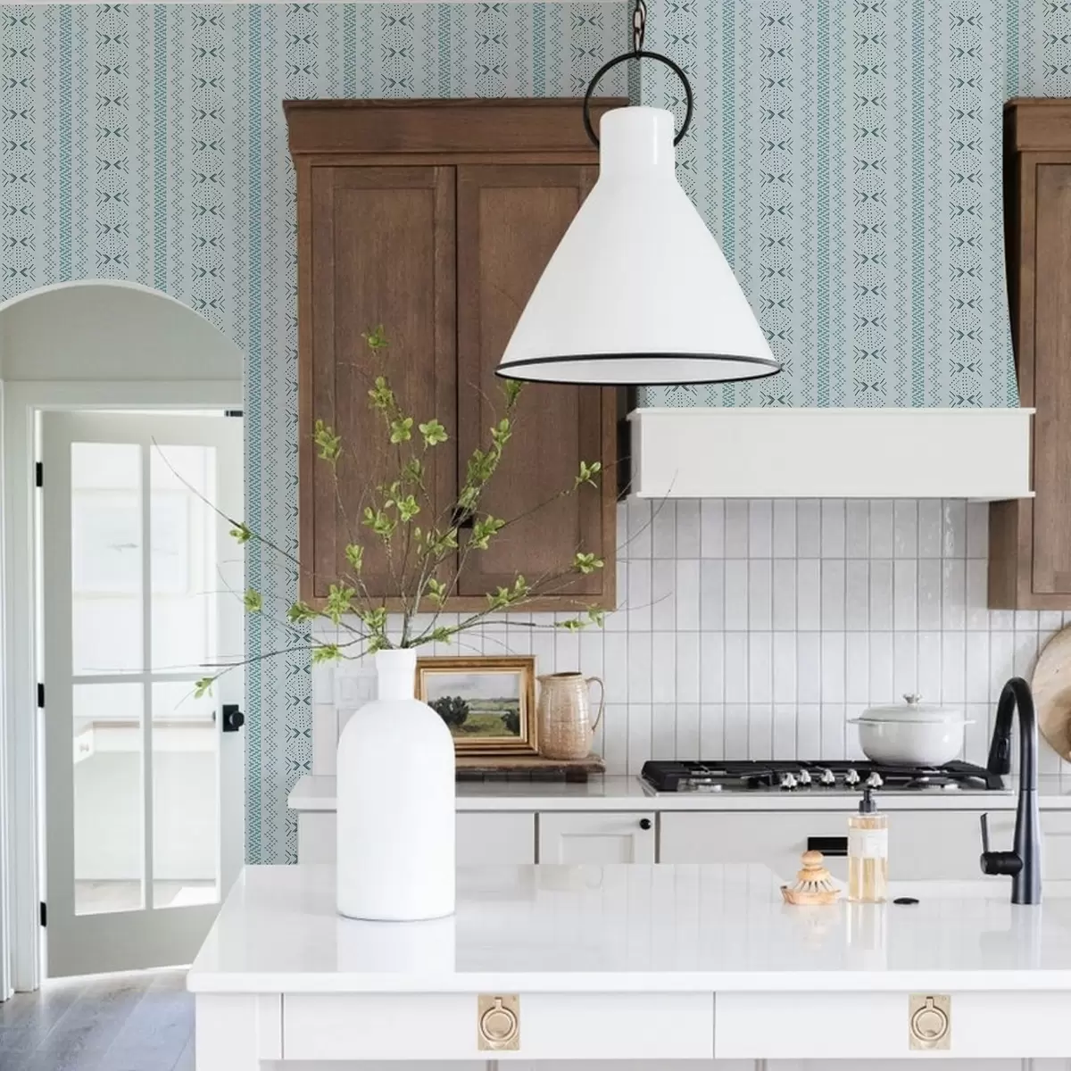 Wallpaper Geometrie cu broderie ucraineană pe un fundal albastru a00139