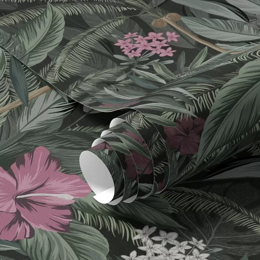 fototapet Frunze tropicale și pasăre pe un fundal întunecat a00140