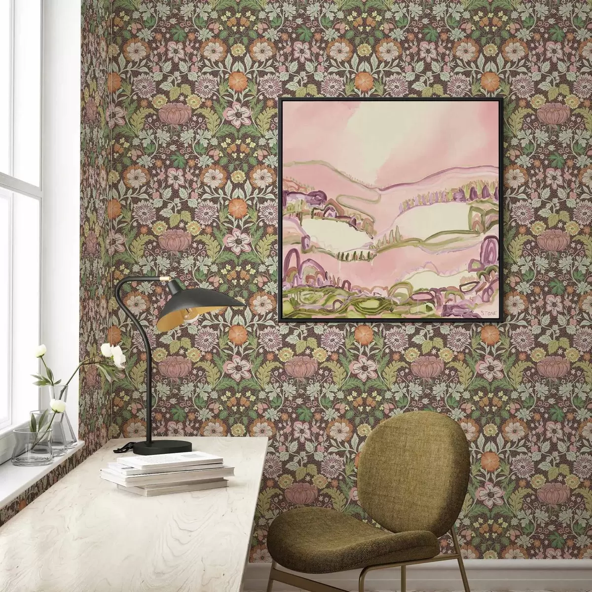 Wallpaper Model colorat cu verdeață și flori a00145v3