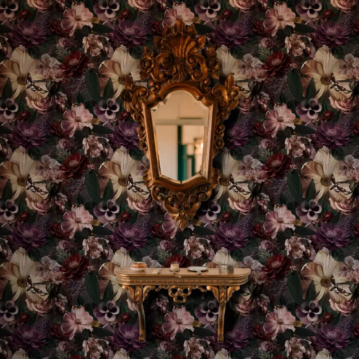 Wallpaper Imprimeu floral artistic în culori închise a00147