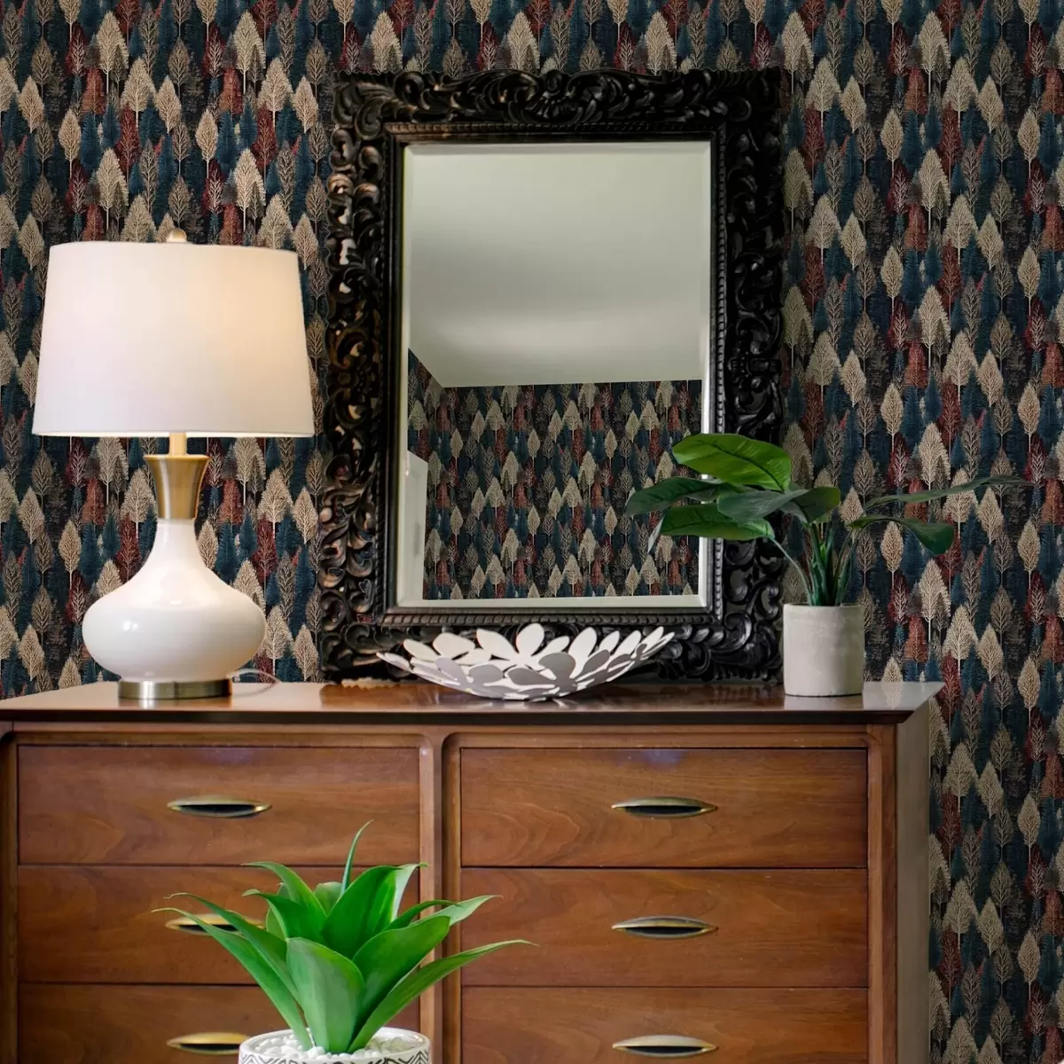 Wallpaper Pădure abstractă cu copaci pe fundal albastru închis a00150