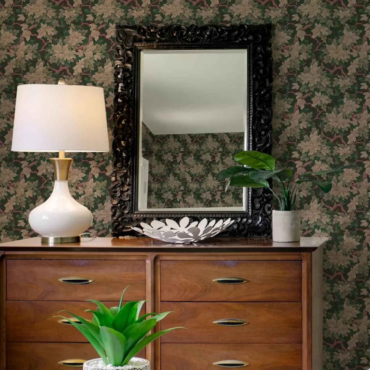 Wallpaper Frunze în paleta caldă pe fundal întunecat a00151v1