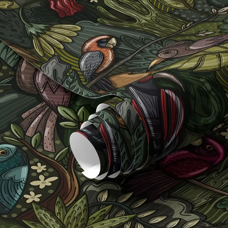 fototapet Păsări exotice în junglă în stilul unei gravuri a00157