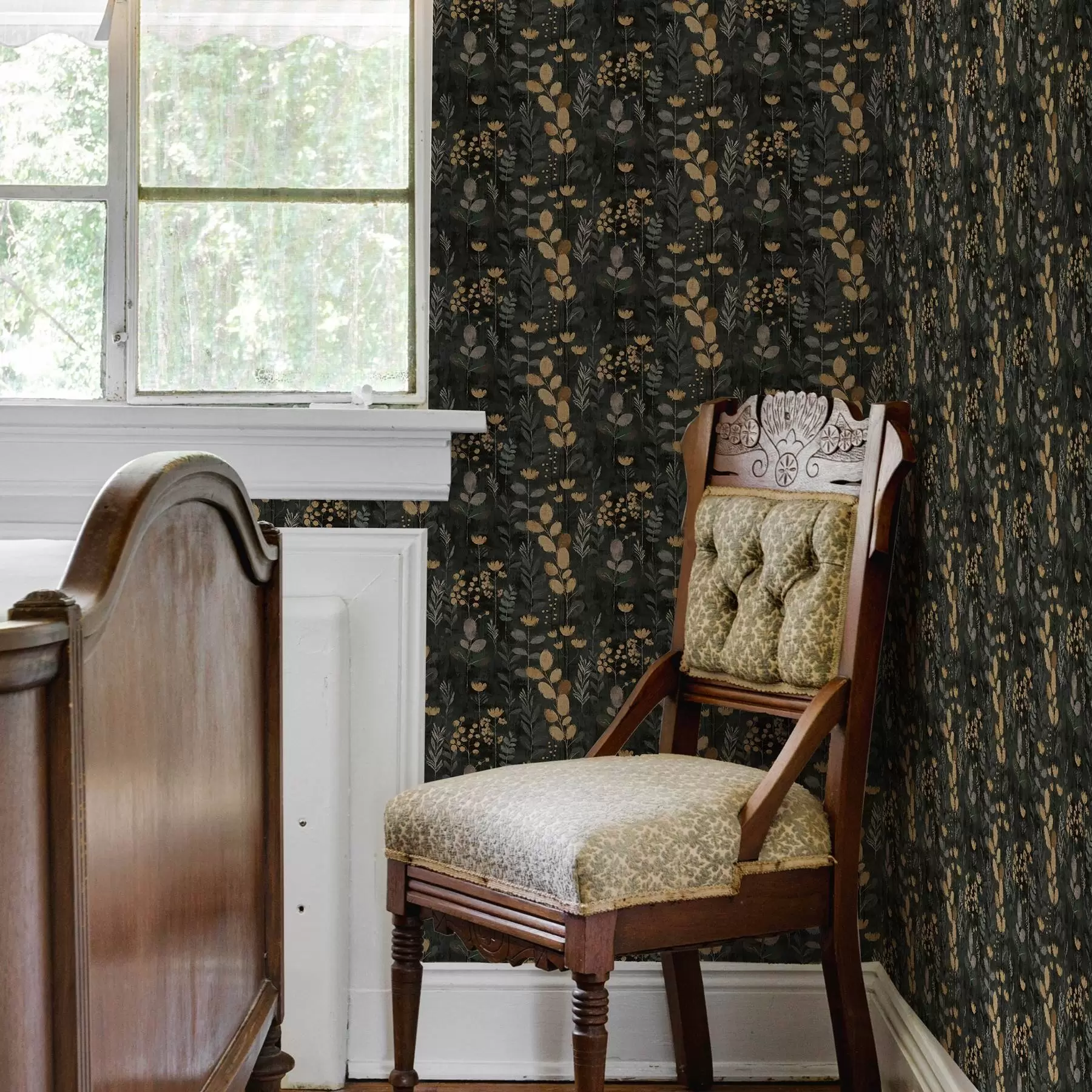 fototapet Model floral în tonuri de gri și galben a00163