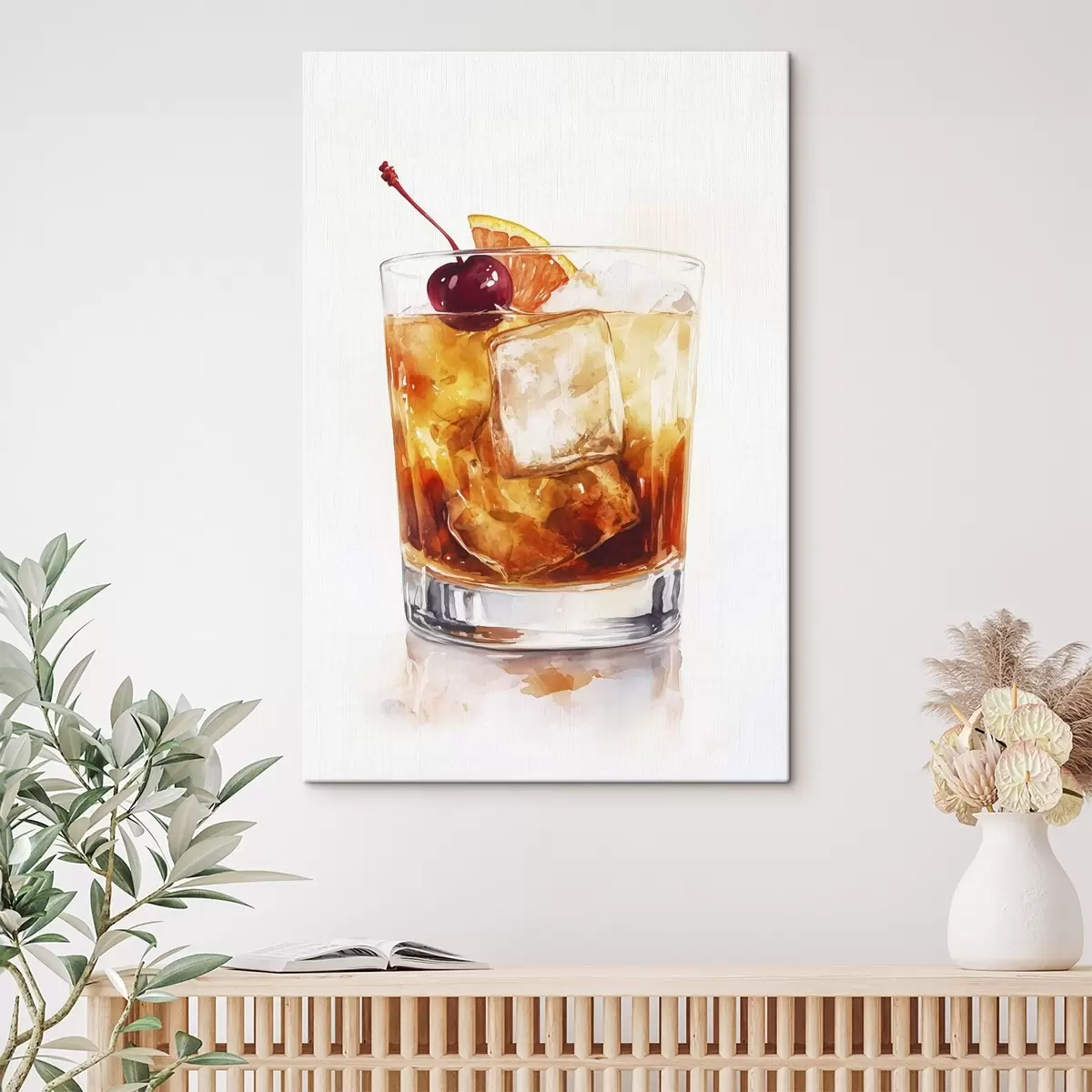 Tablouri Cocktail portocaliu cu gheață și cireșe, stil acuarelă s44303