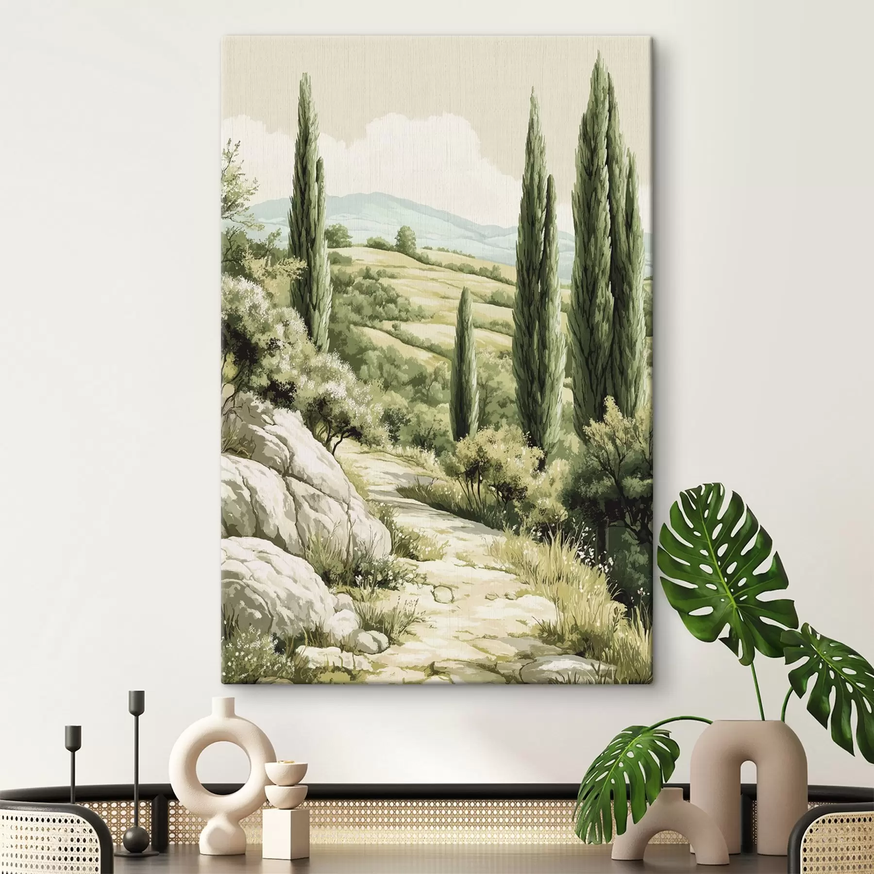 Tablouri Peisaje de vară cu chiparoși și dealuri verzi, stil rustic s44308