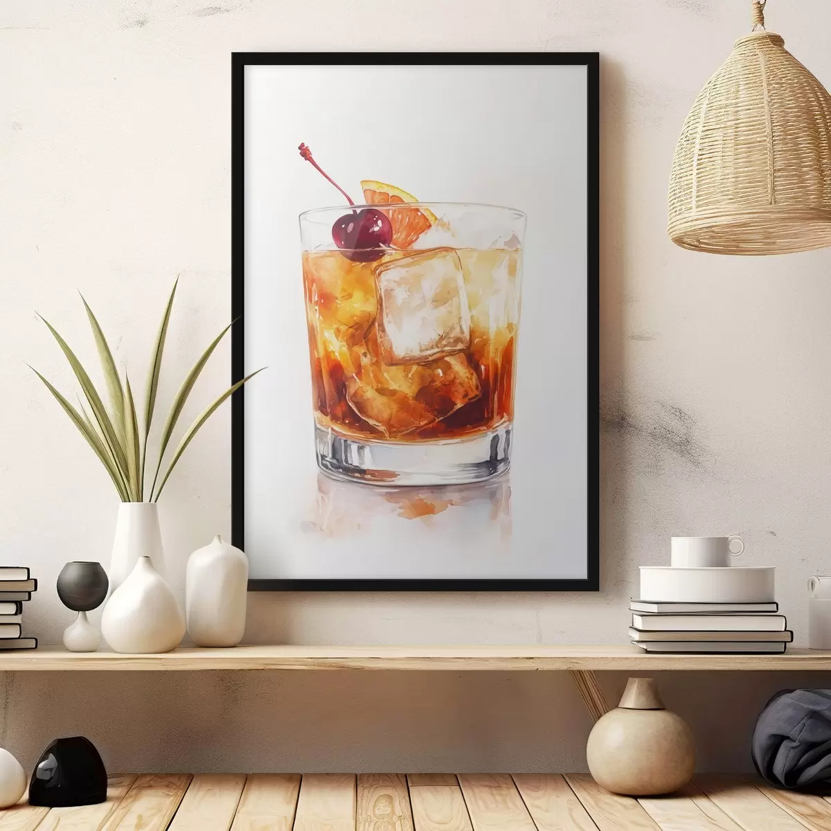 Poster Cocktail portocaliu cu gheață și cireșe, stil acuarelă f44303