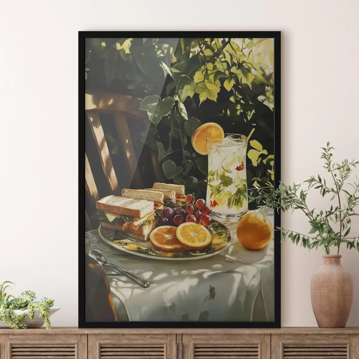 Poster Picnic estetic în grădina de vară, sandvișuri, portocale, limonadă f44306