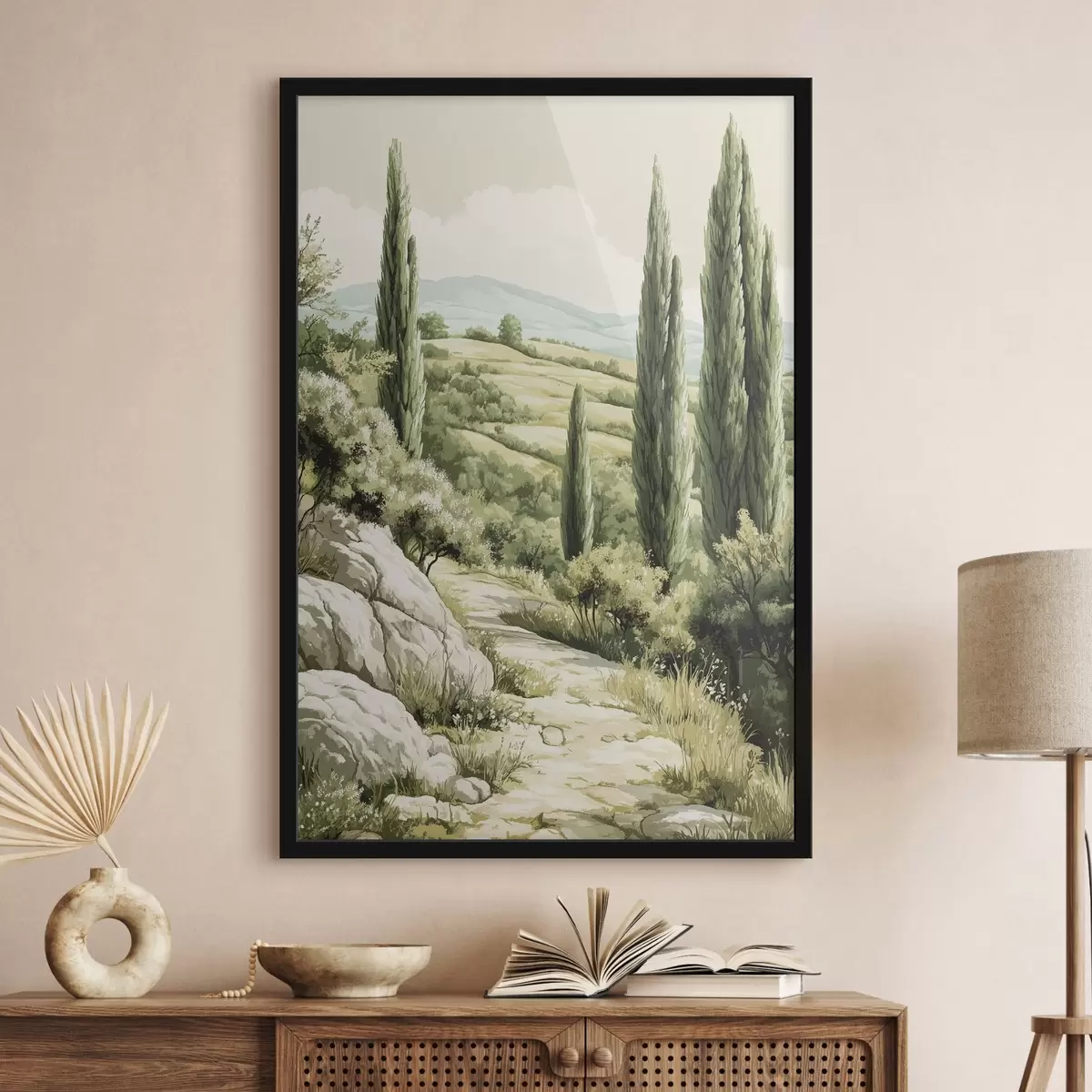 Poster Peisaje de vară cu chiparoși și dealuri verzi, stil rustic f44308