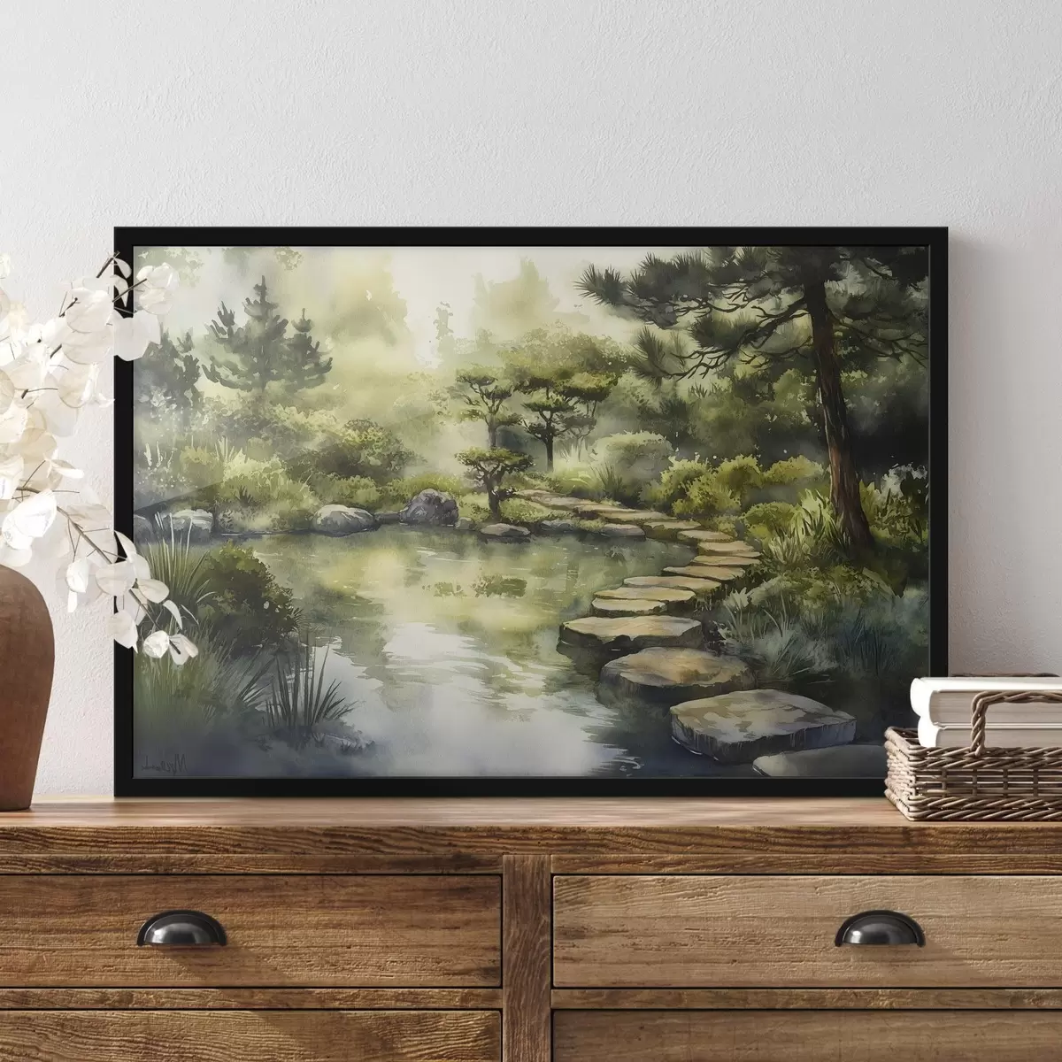 Poster Pădure orientală cu stânci, iaz și pini, verdeață, stil acuarelă f44311