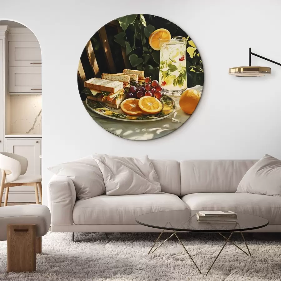 Tablouri Picnic estetic în grădina de vară, sandvișuri, portocale, limonadă r44306