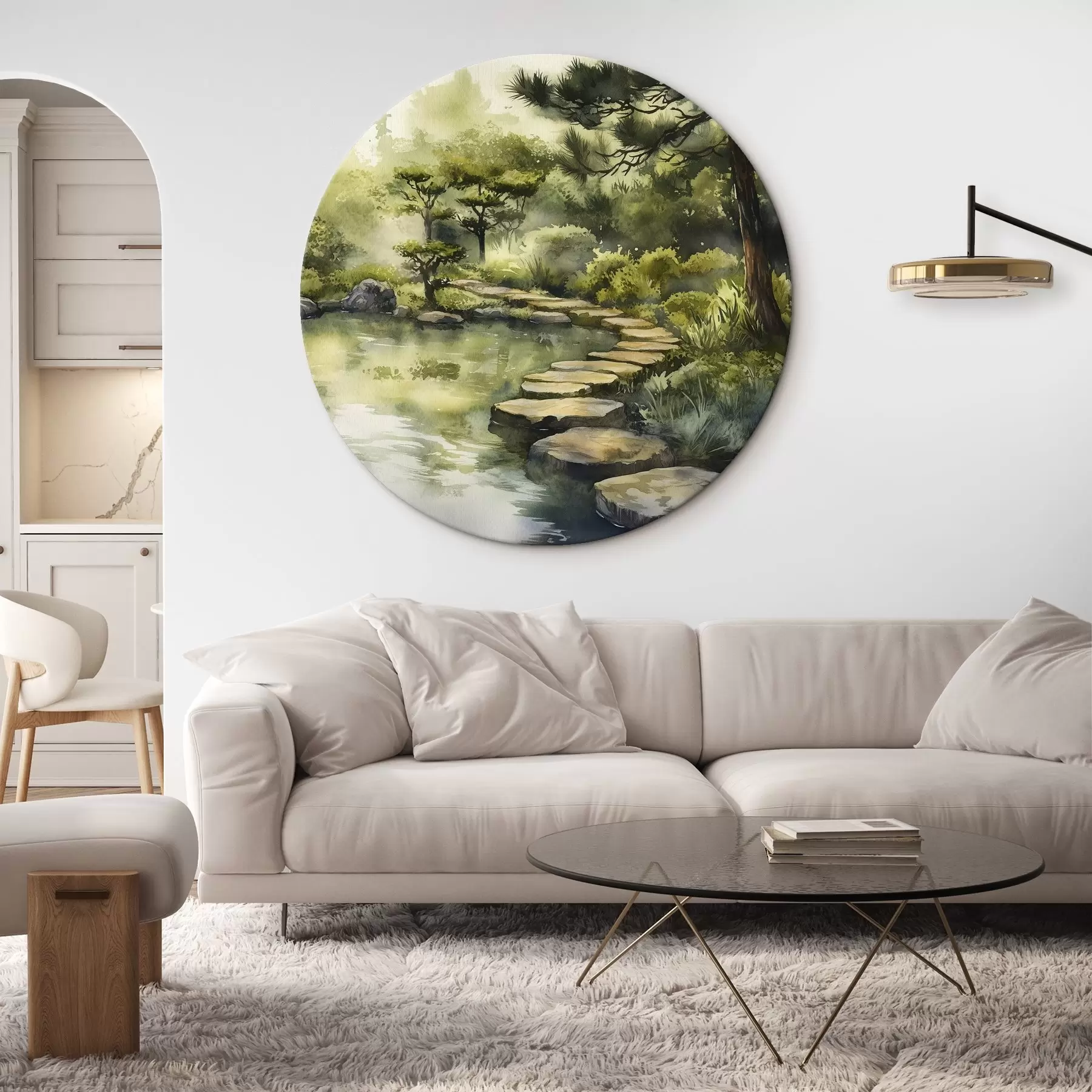 Tablouri Pădure orientală cu stânci, iaz și pini, verdeață, stil acuarelă r44311