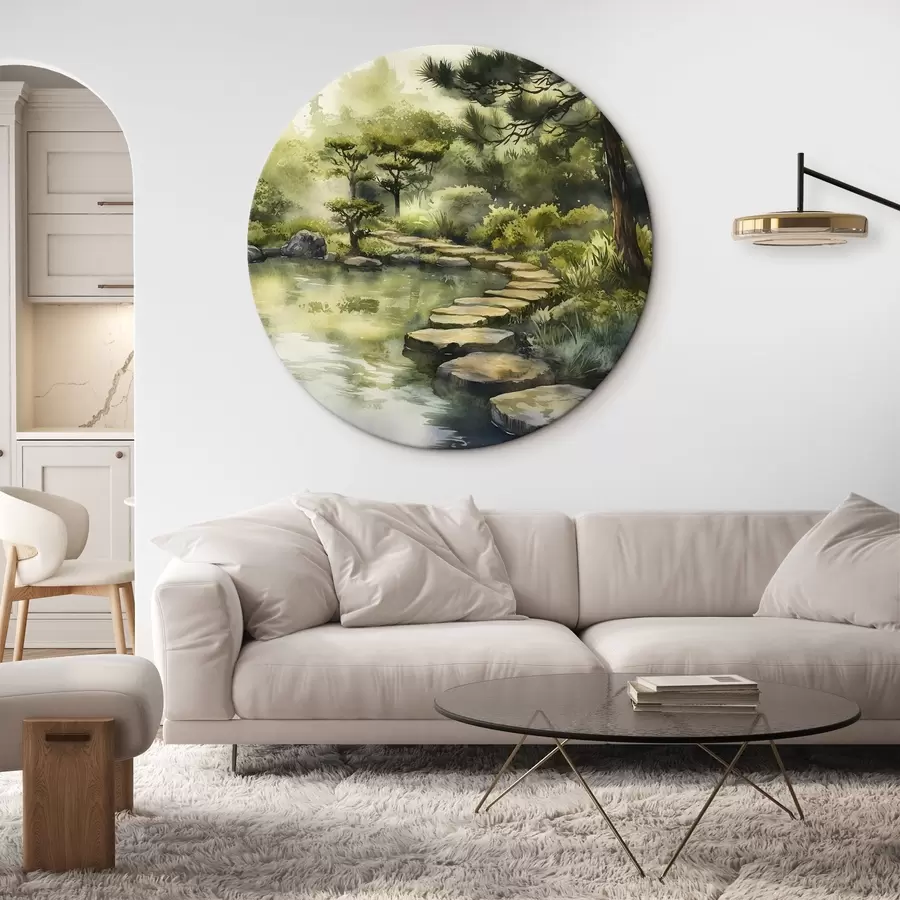 Tablouri Pădure orientală cu stânci, iaz și pini, verdeață, stil acuarelă r44311