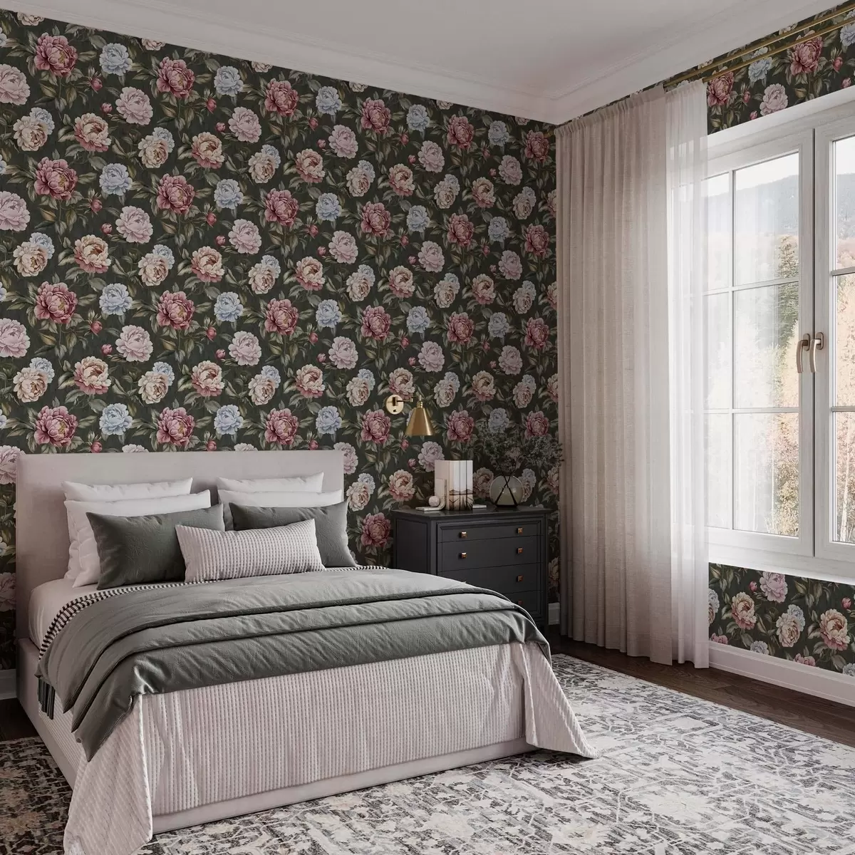 Wallpaper Peonii pe un fundal verde închis a00106