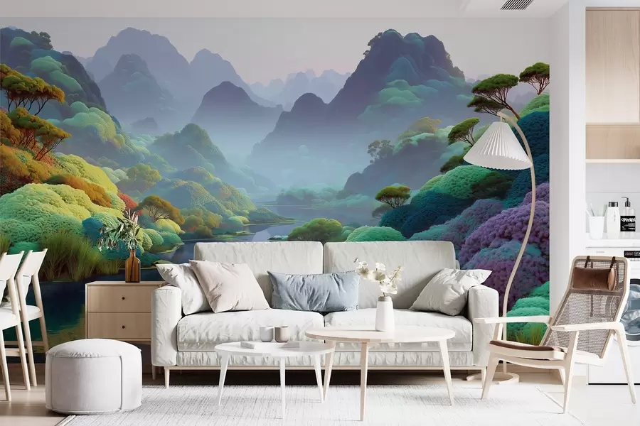 fototapet Peisaj montan cu un râu în tonuri albastre cu copaci și tufișuri w09088