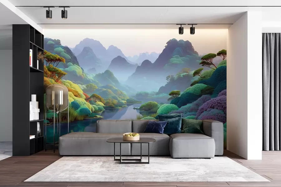 fototapet Peisaj montan cu un râu în tonuri albastre cu copaci și tufișuri w09088