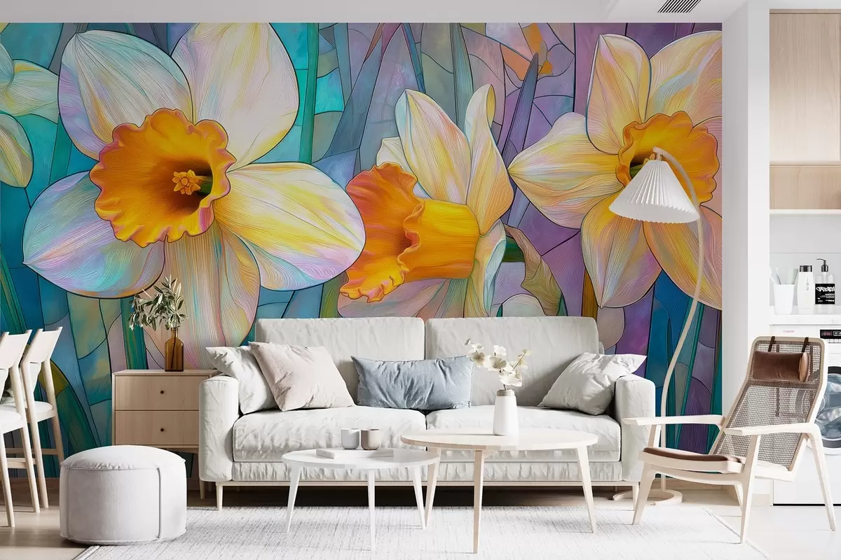 fototapet Narcise colorate pe un fundal albastru-violet vitraliu w09092