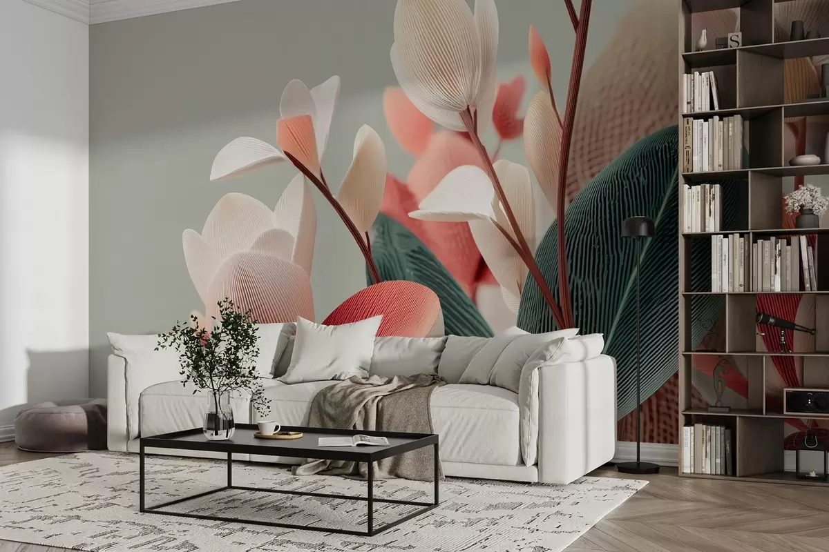 fototapet Flori și frunze texturate în tonuri pastelate și verzi w09094