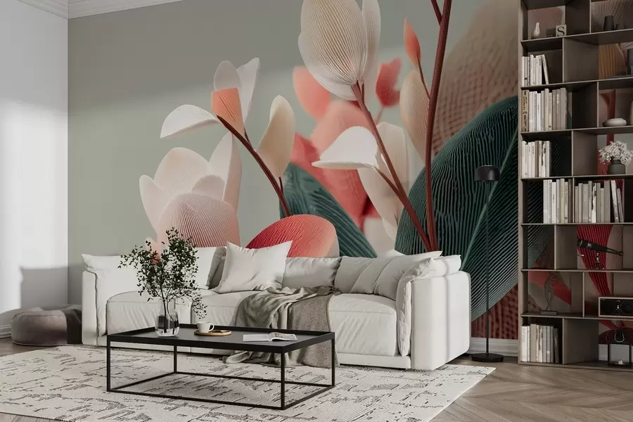 fototapet Flori și frunze texturate în tonuri pastelate și verzi w09094