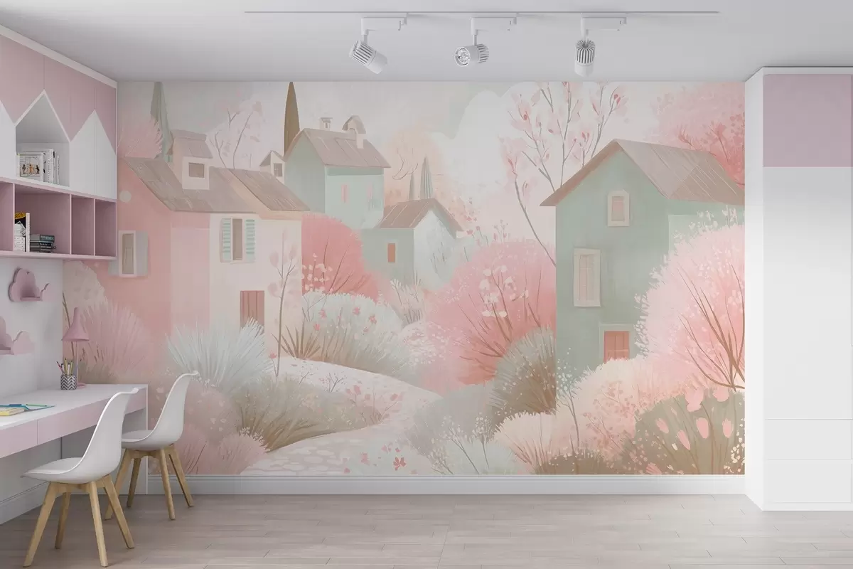 fototapet Oraș de basm în stil pictură în ulei în nuanțe de roz w09095