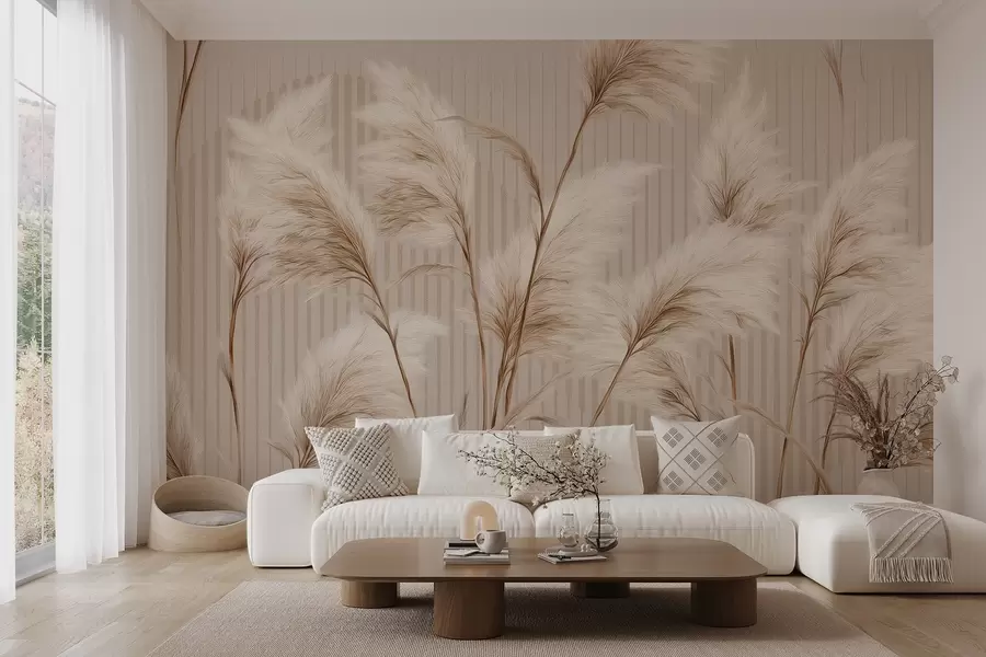 fototapet Iarbă de pampas pe un fundal de linii în tonuri de bej w09104