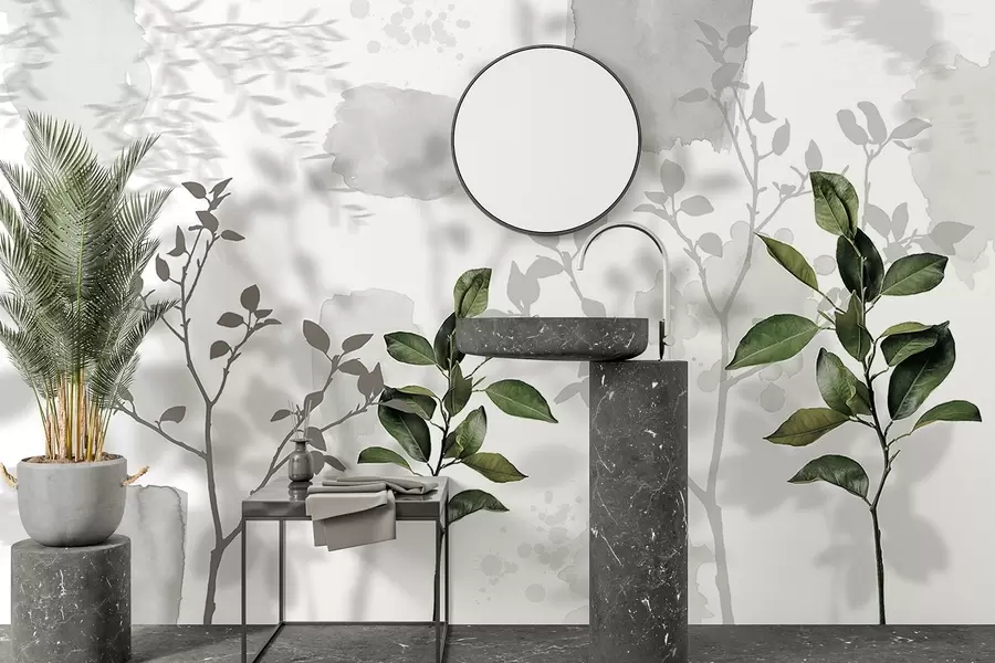 fototapet Lămâiță frunze de copac, ramuri de copac umbre, natură, acuarelă, verde w03910v1