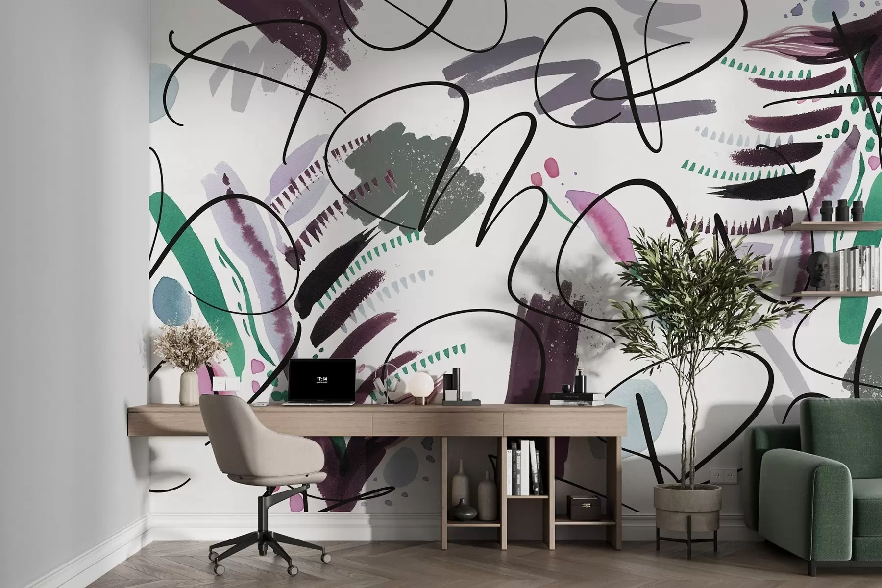 fototapet Litere cu cerneală, caligrafie, lovituri de pensulă, culori pastelate, abstracție w03912v1