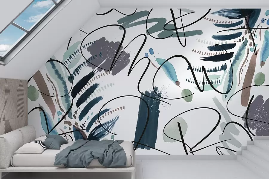 fototapet Litere cu cerneală, caligrafie, lovituri de perie, culori albastre, abstracție w03912v2