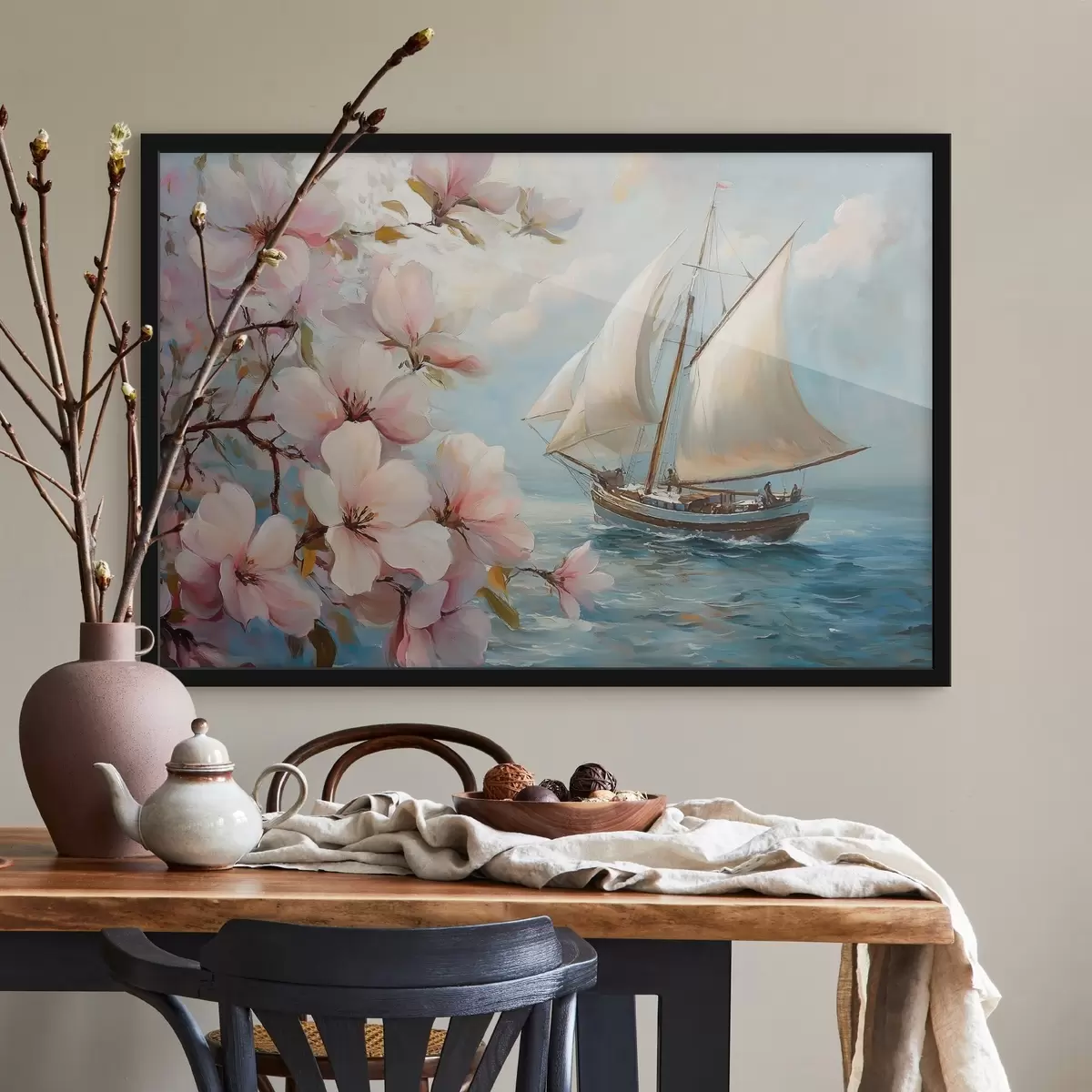 Poster Barcă pe mare și flori mari f44330